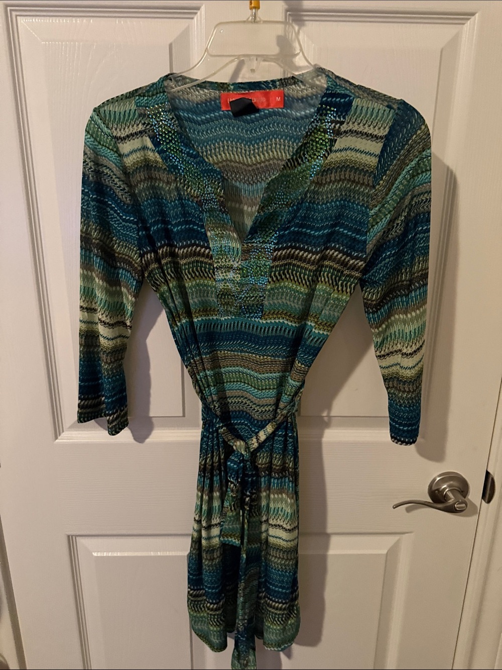Allison Morgan Teal and Blue Wave-Print Wrap Dress